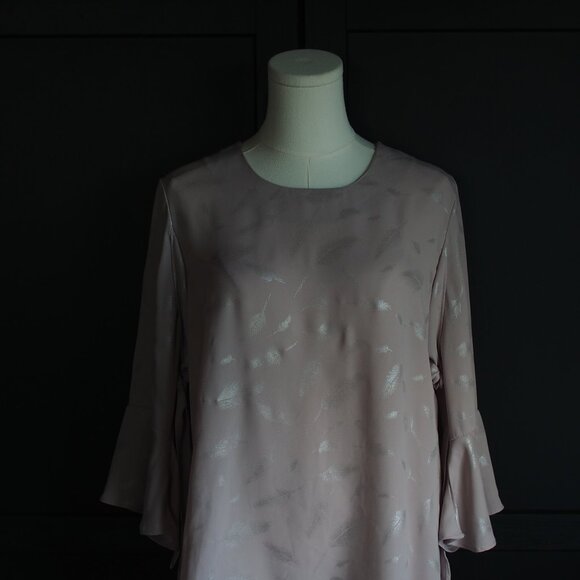 Lucky & Coco | Pale Pink Shimmery Leaf Print Blouse w Flutter Sleeve Cuffs - Picture 3 of 8